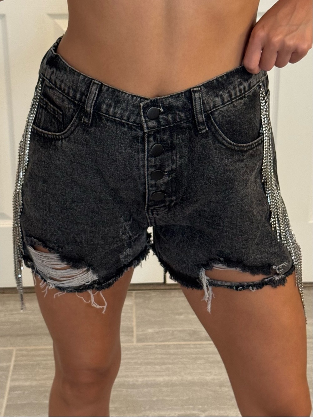 Savannah Jane Rhinestone Fringe Distressed Charcoal Denim Shorts